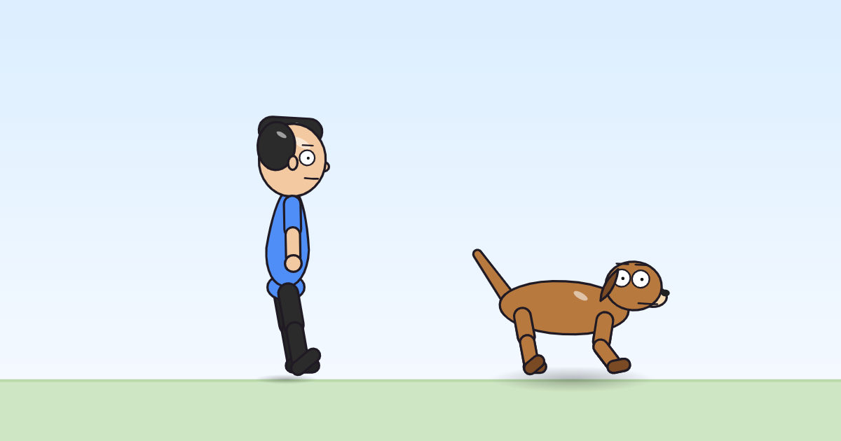 A cartoon person and a dog with legs paddling under them, arms held in, afloat on the grass.