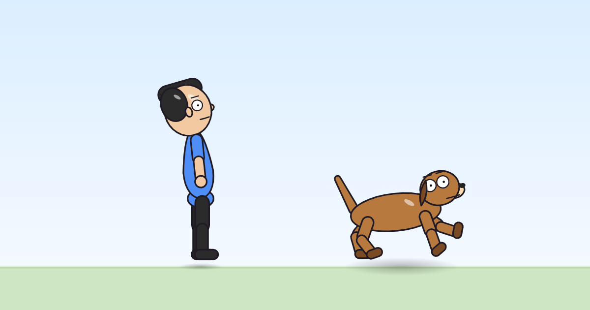 A cartoon person and a dog with front legs paddling, head held up, afloat on the grass.