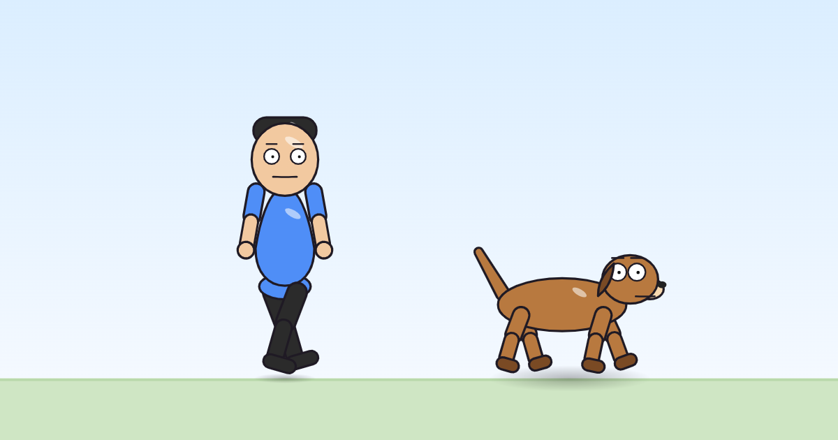 A cartoon person and a dog with legs paddling, arms held forward, afloat on the grass.