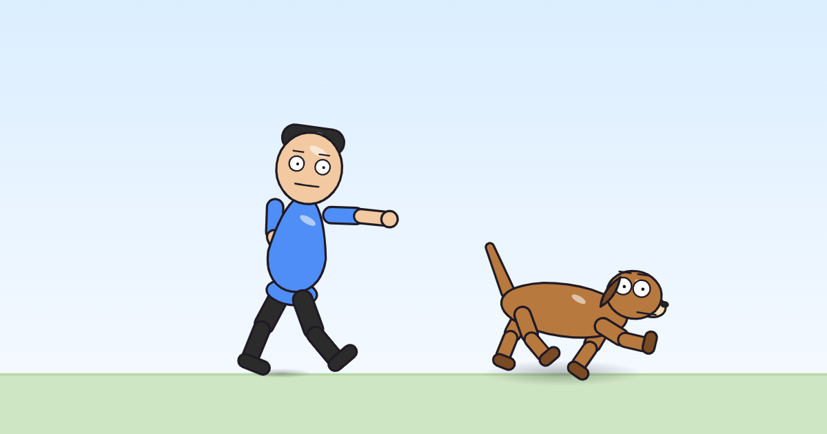A cartoon person leaning back with its right arm raised high, winding up, and a dog beside it.