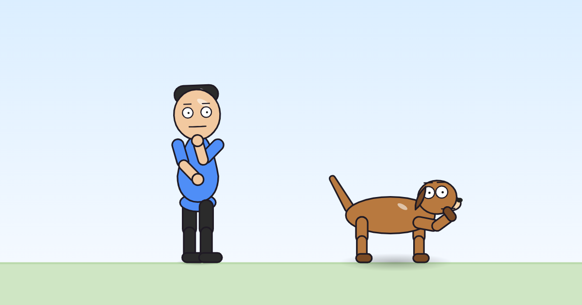 A cartoon person with one hand at its chin and the other arm folded across its body, the head tilted, and a dog beside it.