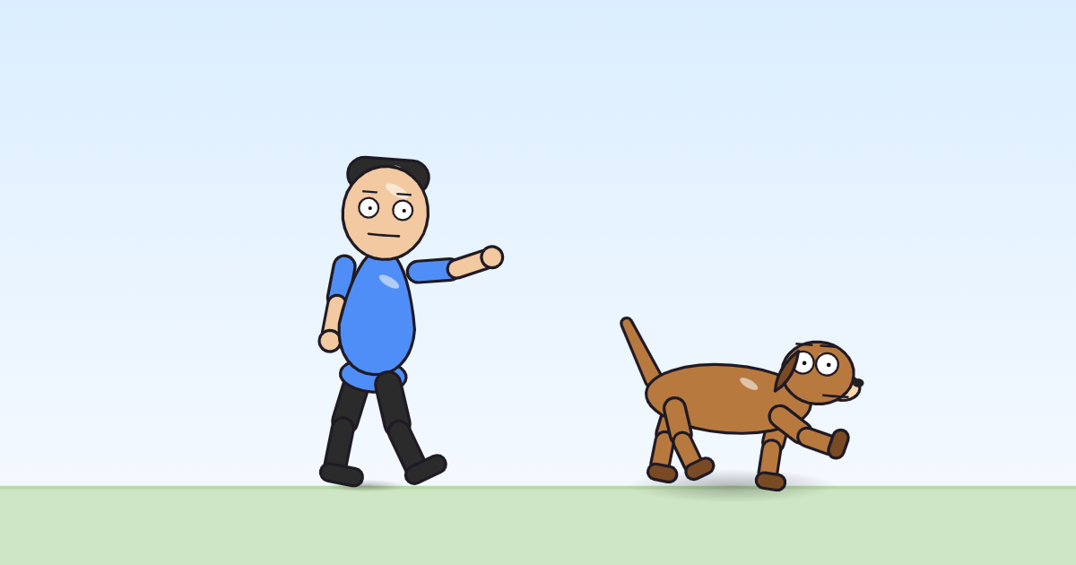 A cartoon person leaning back with its right arm raised and bent, winding up to throw, and a dog beside it.