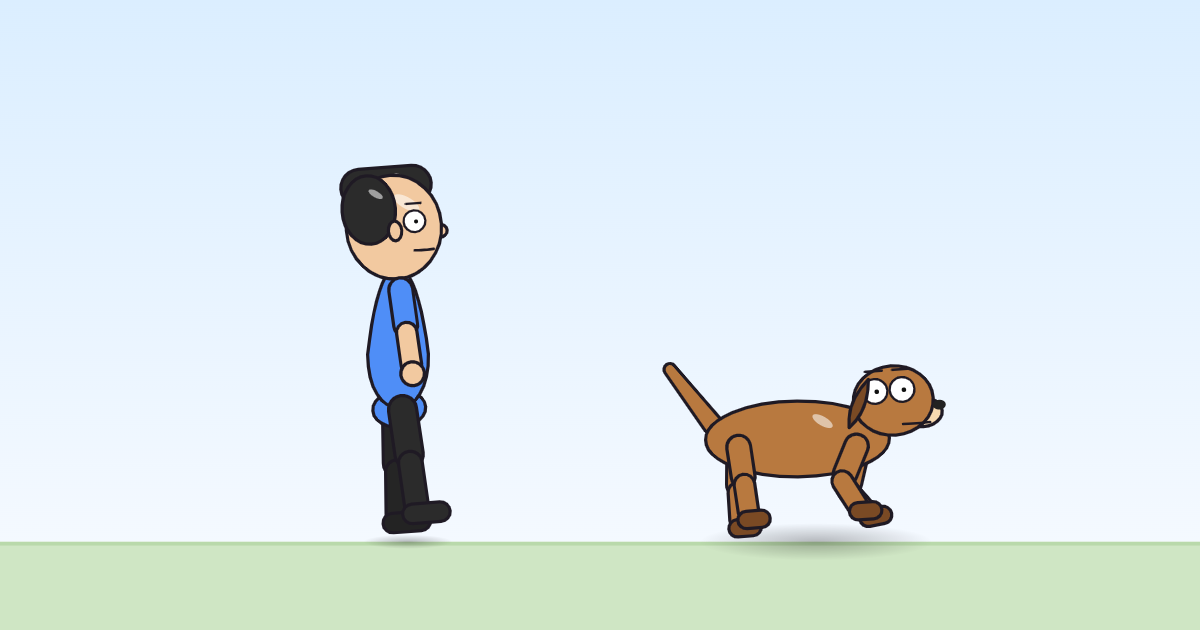 A cartoon person and a dog waddling in place, head snapping forward with each step.
