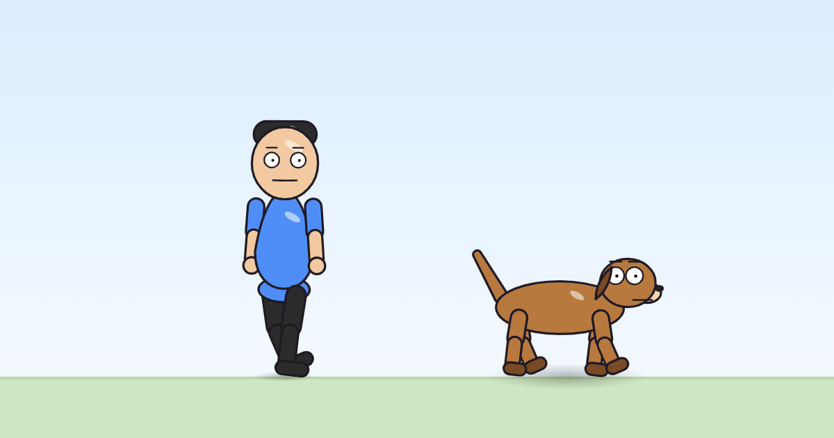 A cartoon person and a dog mid-stride, walking across the grass with one leg forward.