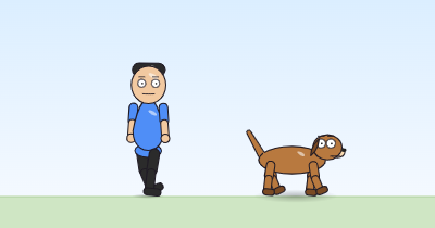A cartoon person and a dog mid-stride, walking across the grass with one leg forward.