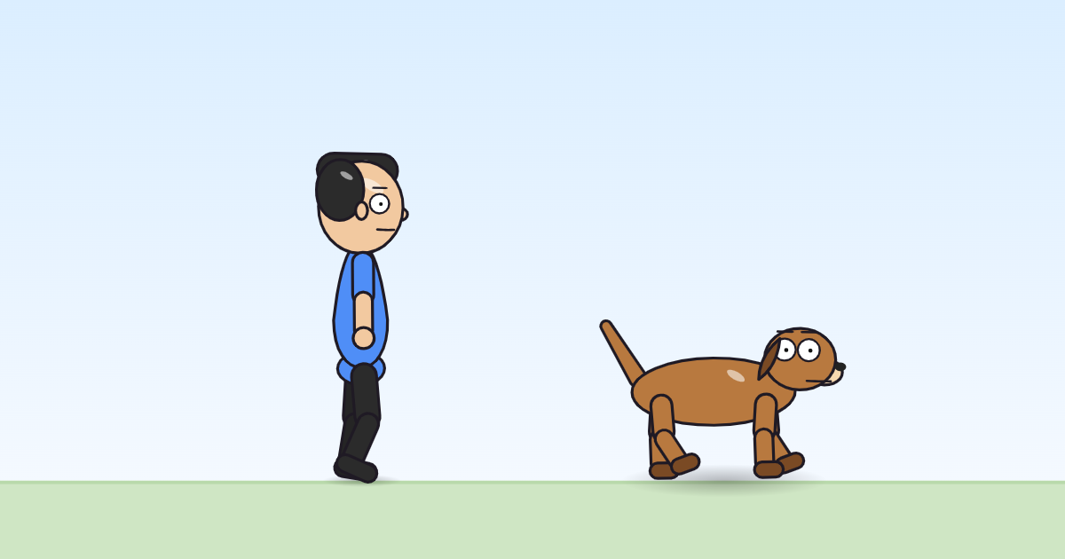 A cartoon person and a dog mid-stride, one pair of diagonal legs forward, stepping in place.