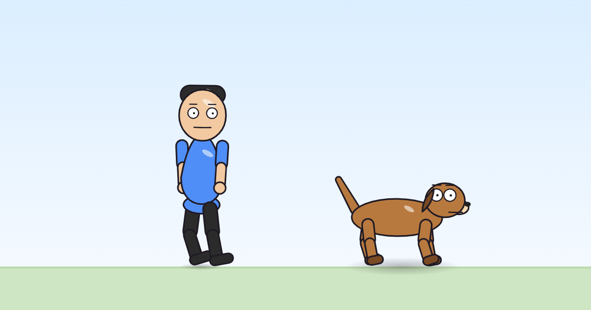 A cartoon person and a dog mid-stride with one leg forward, walking across the grass.