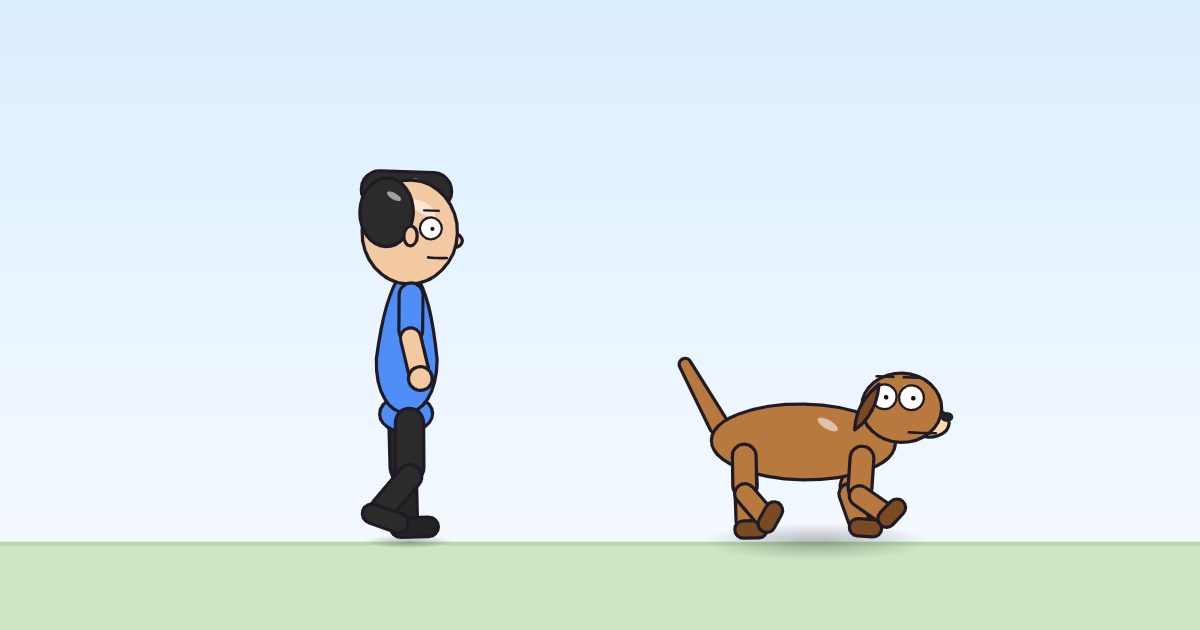A cartoon person and a dog mid-stride with one leg forward, stepping in place on the grass.