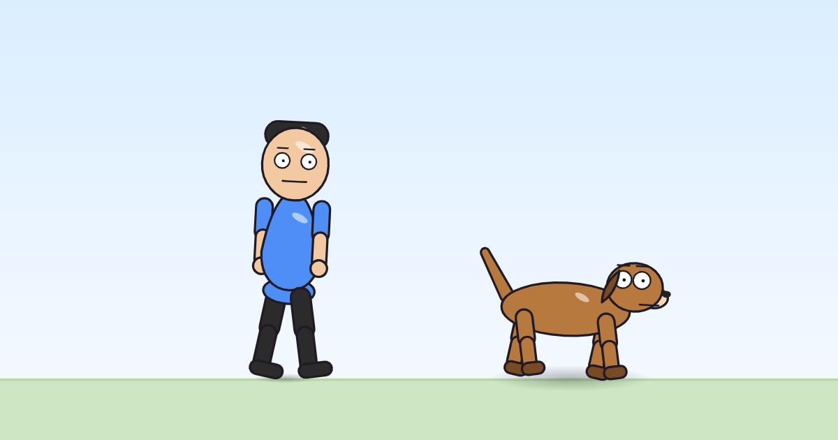 A cartoon person and a dog waddling with their legs swung apart, partway through walking on.