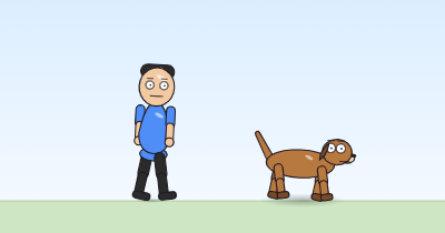A cartoon person and a dog waddling with their legs swung apart, partway through walking on.