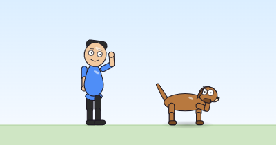 A cartoon person waving with the right hand up beside the head, the head tilted toward it, and a dog with a front paw raised in front of its chest.