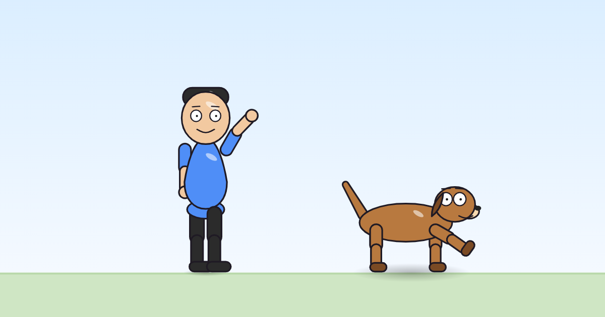 A cartoon person with the right arm raised high and the forearm bent, waving, and a dog with a front paw lifted beside it.
