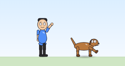 A cartoon person with the right arm raised high and the forearm bent, waving, and a dog with a front paw lifted beside it.
